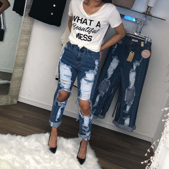 High Rise Ripped Mom Denim Jeans - Picture 2 of 2